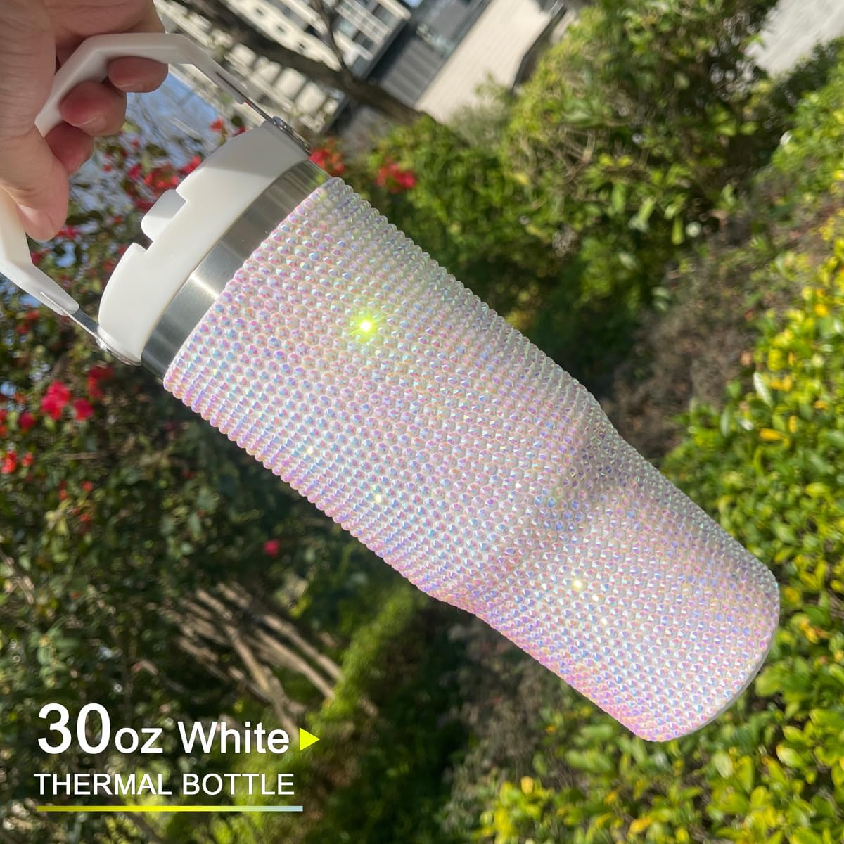 30 oz White Bling Rhinestone Stainless Steel Sippy Tumbler Glitter Vacuum Insulated Thermal Water Bottle with Flip Straw & Lid &Handle, Leakproof Sparkly Car Cup Holder for Drinks & Coffee