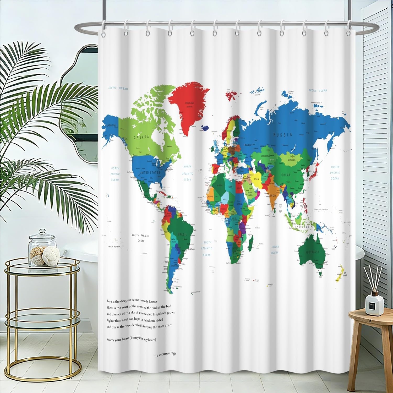 OERJU 72x72inch Colorful World Map Shower Curtain Beautiful Elegant Texture Modern Abstract Art White Base Waterproof Fabric Polyester Bathroom Curtain Bath Accessories Hotel Quality with Hooks