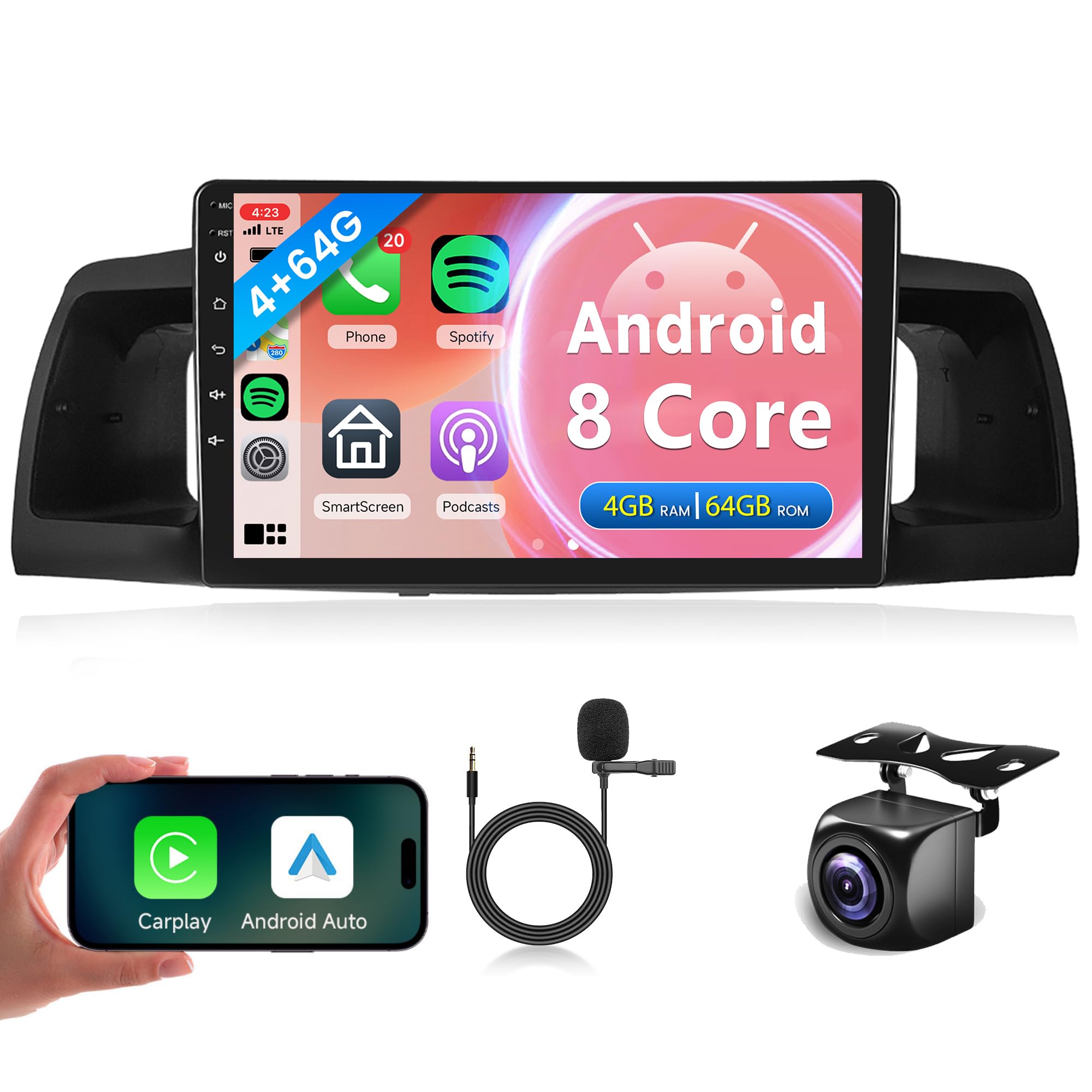 8Core 4G+64G Car Radio Stereo for Toyota Corolla ex 2007-2012, Rimoody Android Carplay Android Auto Mirror Link GPS Navigation WiFi 9 Inch Touch Screen BT 5.0 FM DSP SWC + Backup Camera Microphone