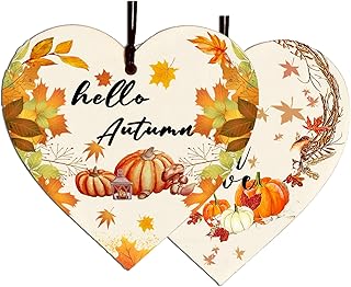 2pcs Autumn Gifts, Hello Autumn Sign, Autumn Decorations Pumpkins, Autumn House Decor Wooden Heart Sign Gifts, Pumpkins, Maple Autumn Accessories Decor for Thanksgiving And Autumn