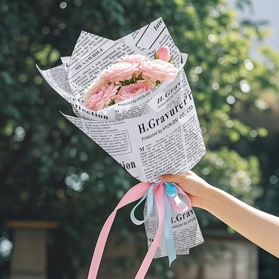 WRAPAHOLIC 20 Sheets Kraft Newspaper Flower Wrapping Paper - 19.6 x 27.5 inch White Font Vintage Newsprint Design Reversible Floral Bouquet Wrapping Paper for Florist Supply Wedding Birthday Gift DIY