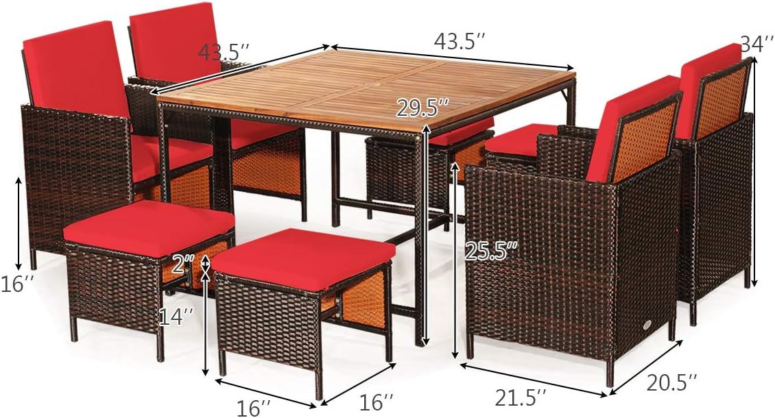 COSTWAY 9PCS Patio Rattan Dining Set, Outdoor Cushioned Wicker Chairs with Ottomans, Wood Top Dining Table with Umbrella Hole for Backyard Garden (Red)