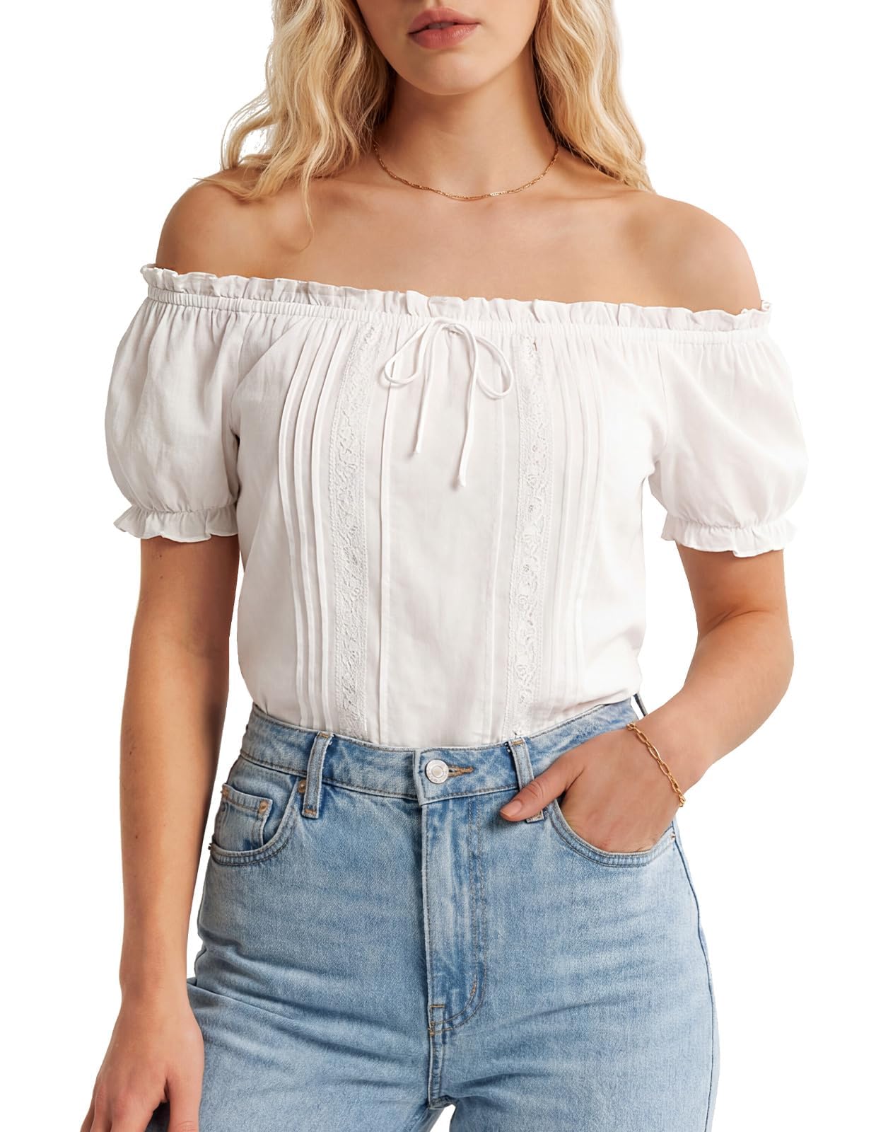 Scarlet Darkness Renaissance Top, Peasant Blouses for Women | Puff Short Sleeve, Off Shoulder, Vintage Pirate Ren Faire Medieval Fairy Victorian Cottagecore Outfit