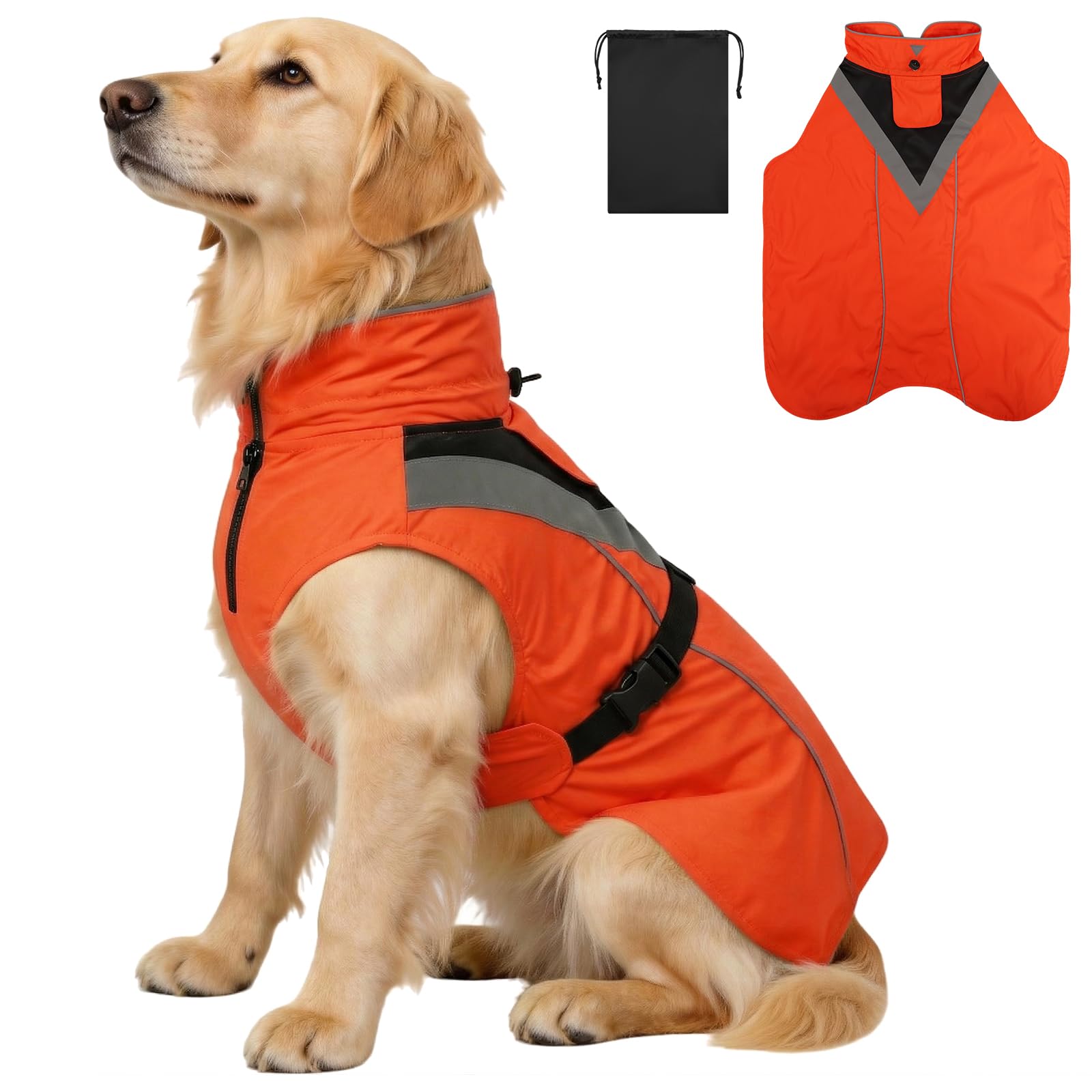 AOOWU Dog Raincoat, Dog Waterproof Coat, Lightweight Hooded Adjustable Reflective Raincoat, Waterproof Rainwear Rain Jacket for Medium Large Dog, Dog Vest Rainwear Clothes Apparel with Leash Hole, L