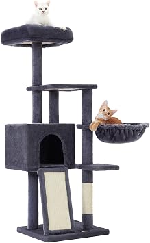 Feandrea Cat Scratching Post 135 cm Small Cat Tree Multi-Tier Plush Cat Scratching Post with Washable Removable Perch Scratching Post Basket Cave Dark Grey