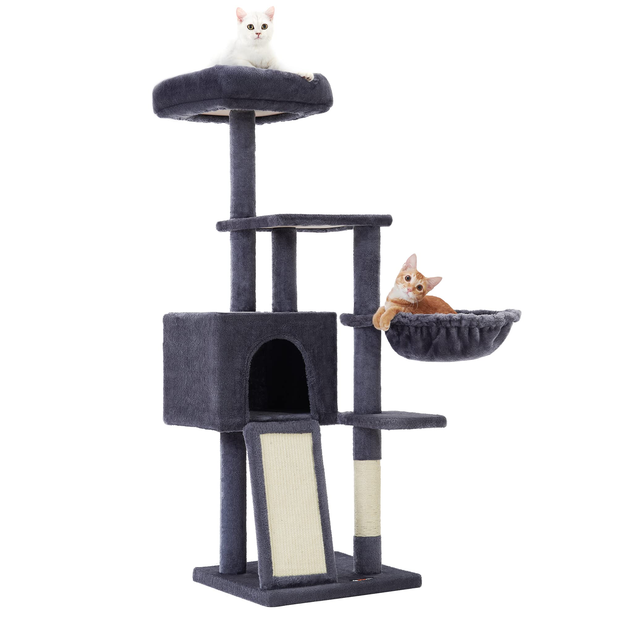 Feandrea Cat Tree, 53.1-Inch Small Cat Tower for Indoor Cats, Multi-Level Cat Condo with Removable Washable Perch Cover, Cat Furniture with Scratching Post and Board, Basket, Cave, Smoky Gray