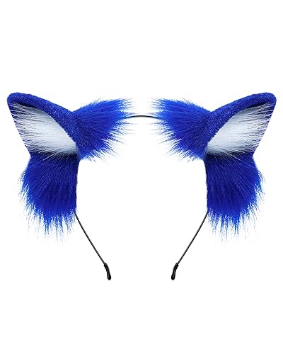 ZFKJERS Handmade Fur Fox Wolf Cat Ears Headwear Fancy Dress Adult Cosplay Animal Furry Ears Head Accessories for Halloween - Dark Blue