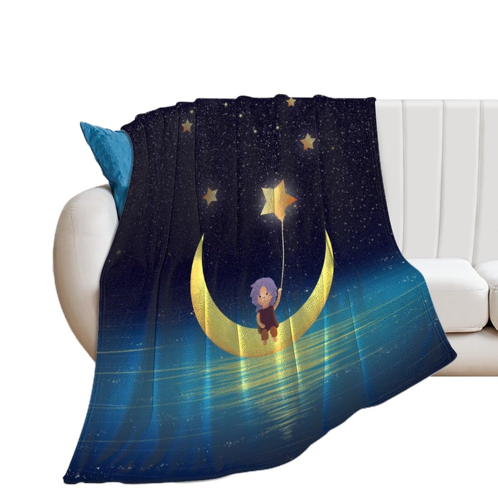 Couverture polaire étoiles et lune 150x200cm pour lit et canapé de salon