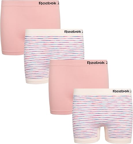 Reebok Pantalones cortos de ciclista para niña, paquete de 4 unidades, ropa interior elástica para niñas, sin costuras, pantalones cortos de rueda