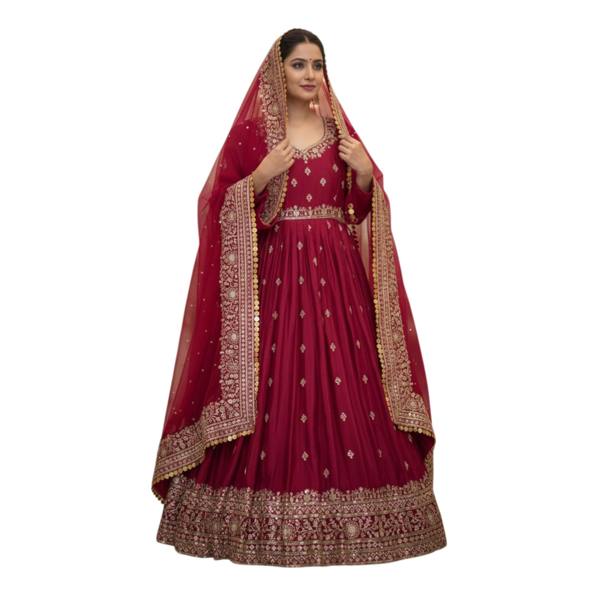 Women Chinon Silk Embroidered Anarkali Gown with Dupatta | Sequins & Zari Work | Fully Stitched Ethnic Wear | Long Flared Dress (Size-M, Maroon)-image-37