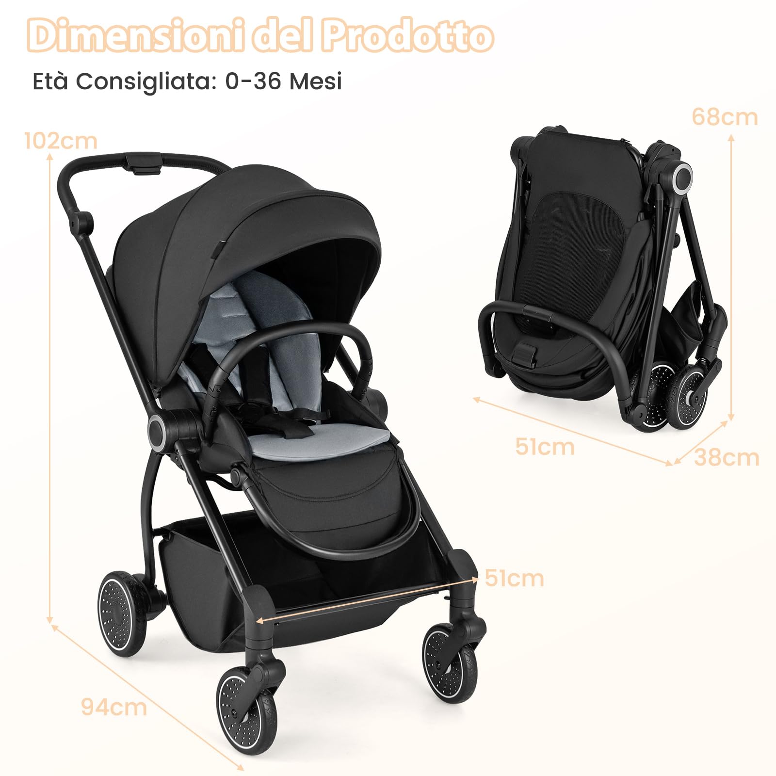 RELAX4LIFE Passeggino Leggero e Reversibile per Bambini 0-3 Anni, con Seduta Fronte Mamma e Strada, Schienale Regolabile, Ruote Ammortizzate, Cestello 36L, Portata 30kg, Omologato CE (NERO)