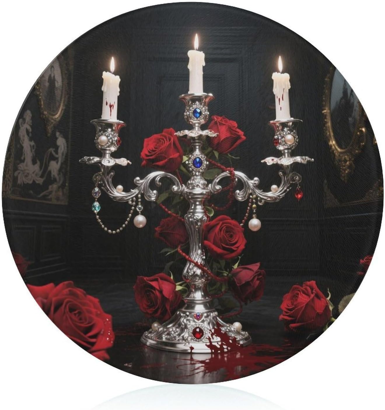 Silver Candelabra Blood Rose Tempered Glass Cutting Board Sturdy Chopping Block Personalized Large Butcher Block Lightweight Round Chopping Mat for Kitchen Non Slip