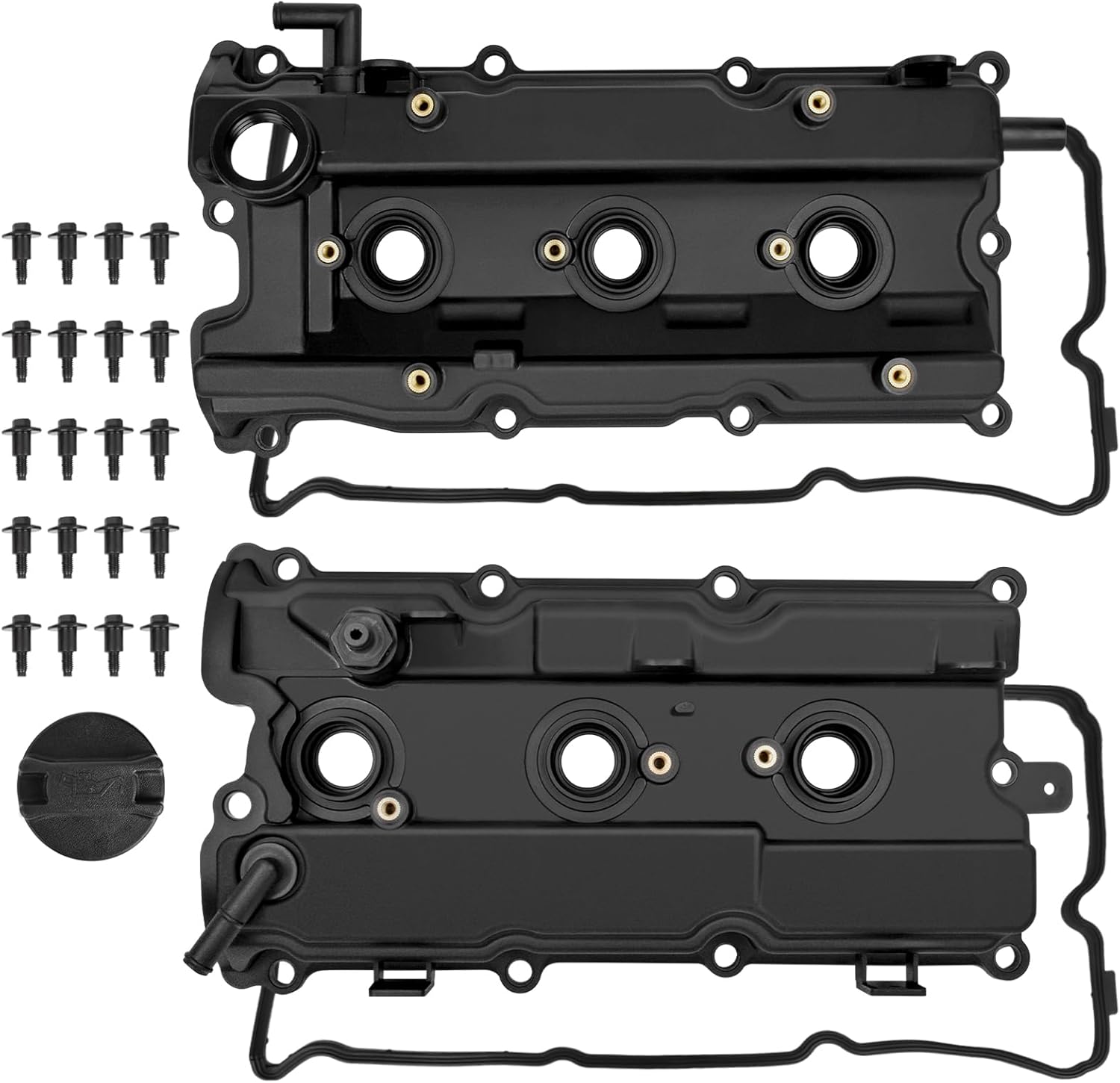 Front & Rear Engine Valve Cover with Gasket, Bolts, Cap Fit for Nissan 2002-2006 Altima, 2002-2008 Maxima, 2003-2007 Murano, 2004-2009 Quest, Infiniti 2002-2004 I35, V6 3.5L, 132648J102