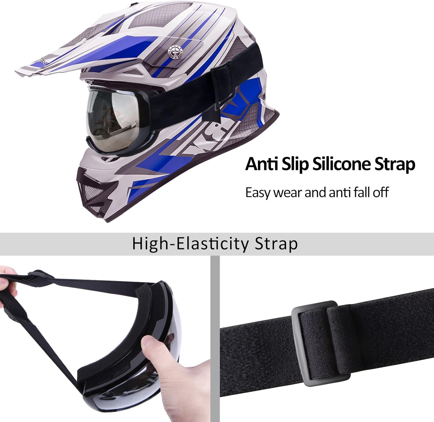 Adjustable Motorcycle Goggles, Lightweight, Black Frame+Clear Lens, Unisex