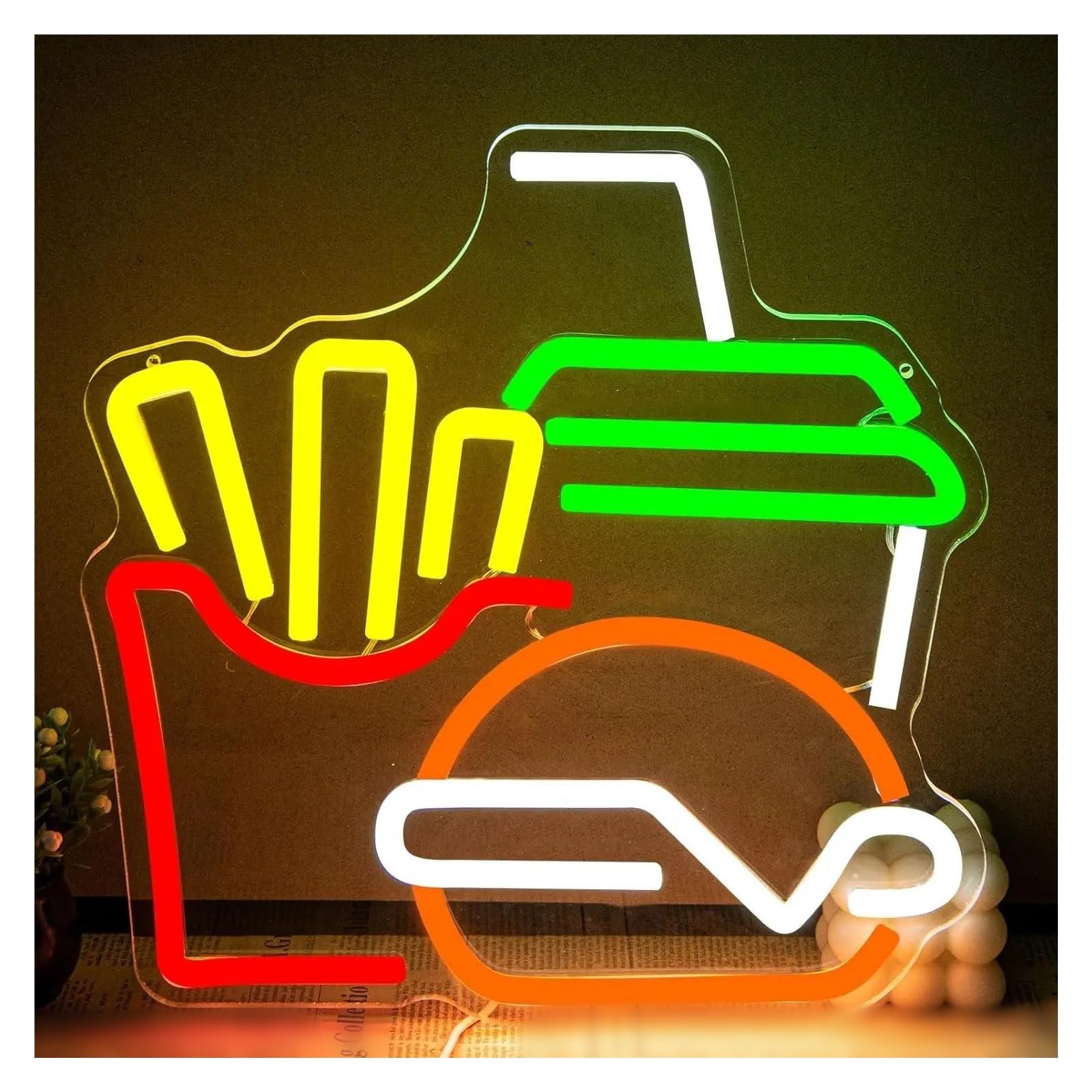SHOUXI Sign Lamp Burger Fries Drink Neon Sign USB Dimmable Fast Food Business Light for Restaurant Snack Shop Food Art Wall Decor 31.5х30cm