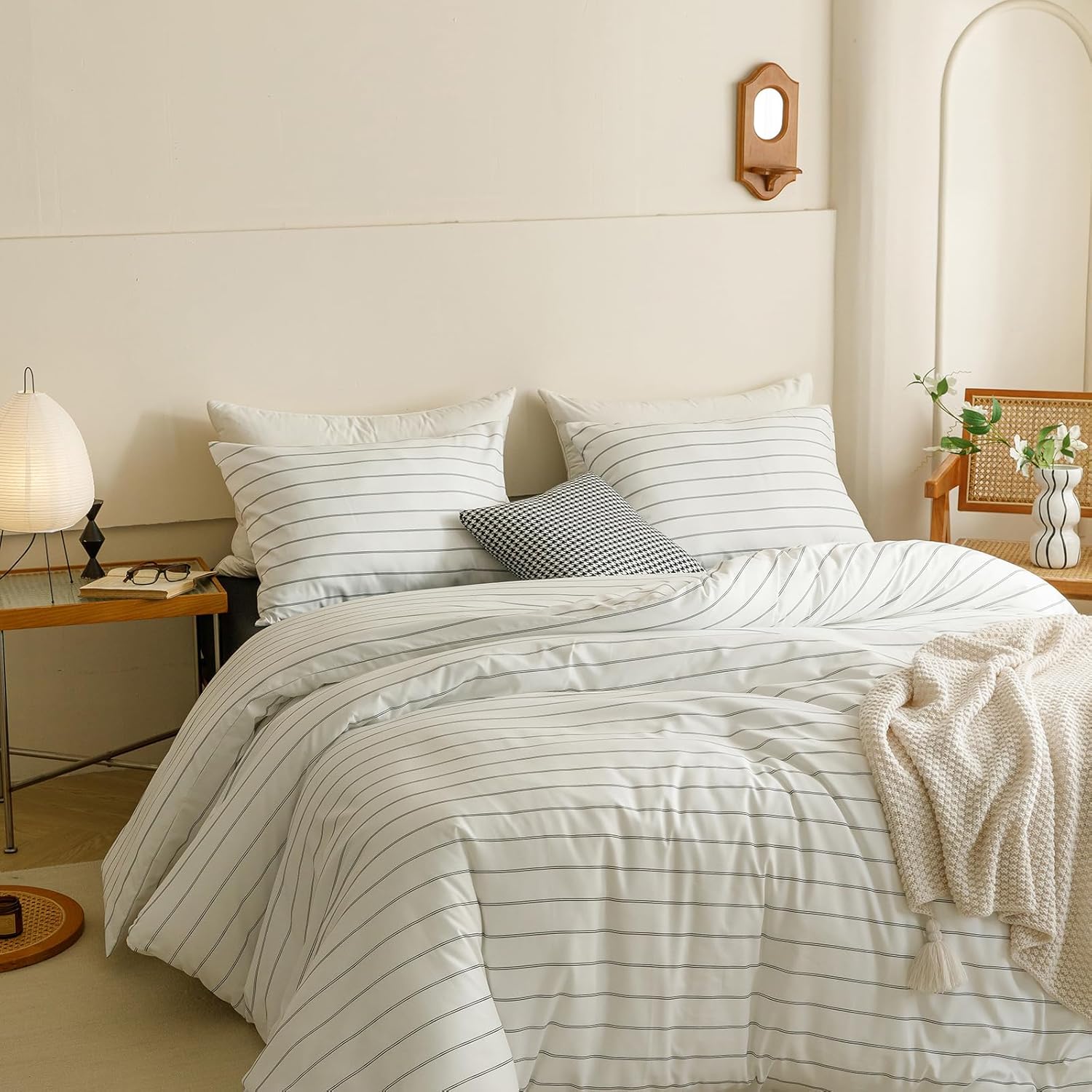 CLOTHKNOW Striped California King Comforter Set White and Black Bedding Comforter Sets Farmhouse Comforter Black Stripes Comforter with 2 x Pillow Cases