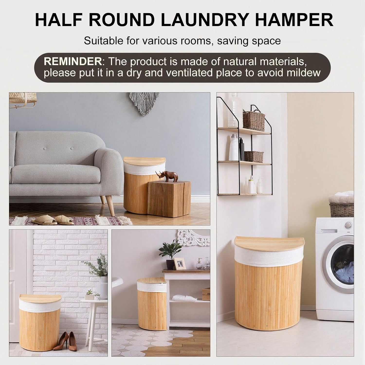 Gueevin Halfmoon Bamboo Laundry Hamper with Lid, Carbon, 24 x 20 x 15 Inch image 5