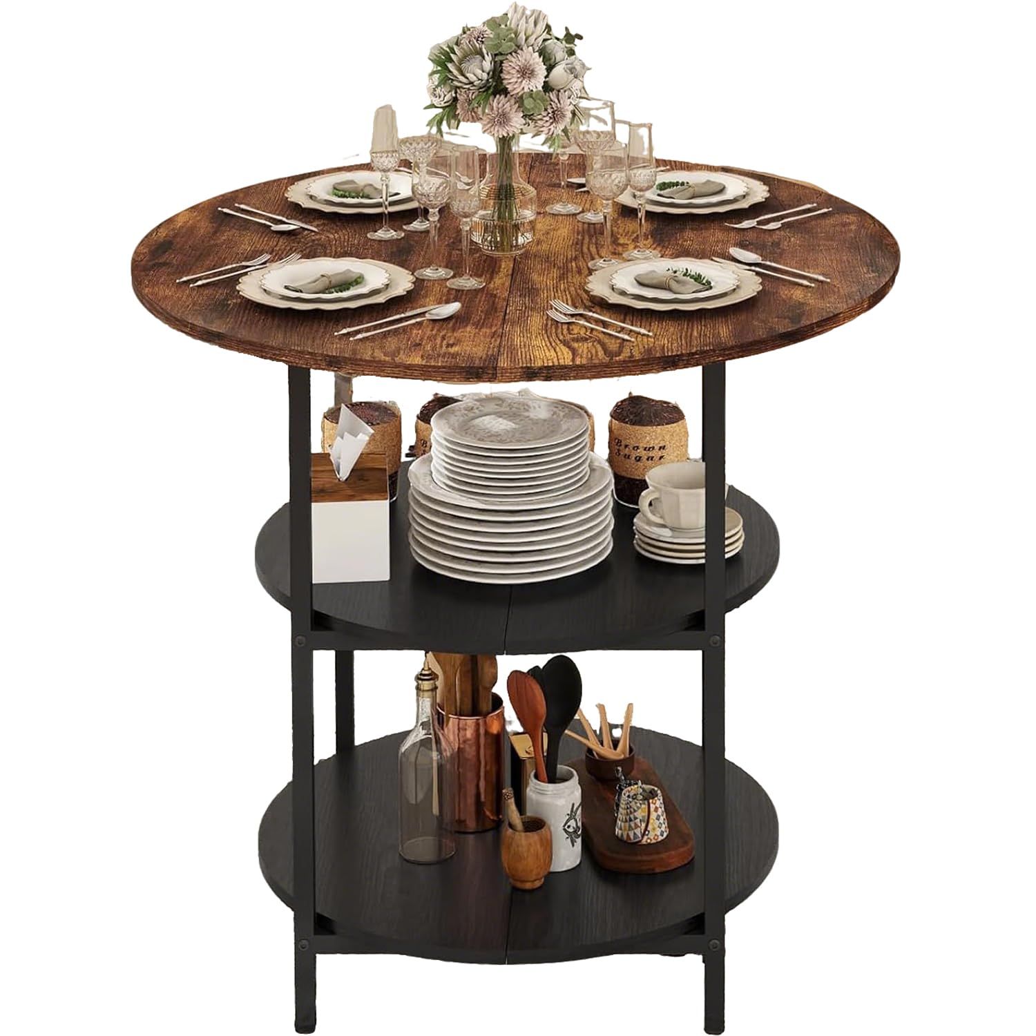 ARTETHYS Dining Table, Kitchen Table for 2-4 People 80cm Round Dining Tables with 2 Storage Shelves, Metal Legs Curved Edge for Restaurant Home — image 1