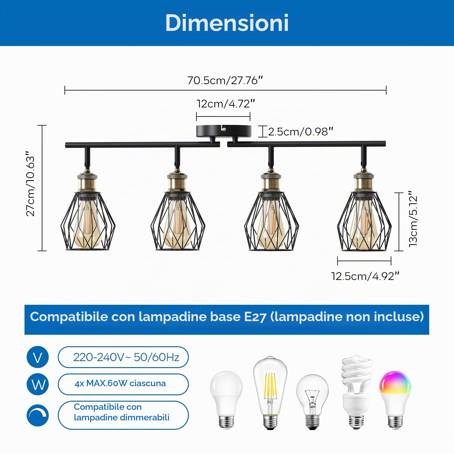 ANWIO Faretti led Soffitto Orientabili, Plafoniera da Parete E27 Nero, Faretti Soffitto 4 Luci Interno, Faretto da Parete Interno per Barra,Salotto,Cameretta,Cucina, Corridoio (Senza Lampadina)