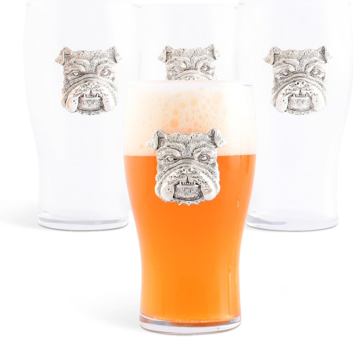 Arthur Court Bulldog Beer Pint Glasses Set of 4 18oz Aluminum and Glass Barware
