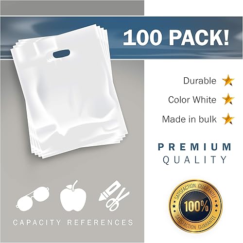 Miniatura 6 de White Merchandise - Bolsas de plástico para compras, paquete de 100 unidades de 9 x 12 pulgadas con 1.5 mil de grosor, asas troqueladas, perfectas