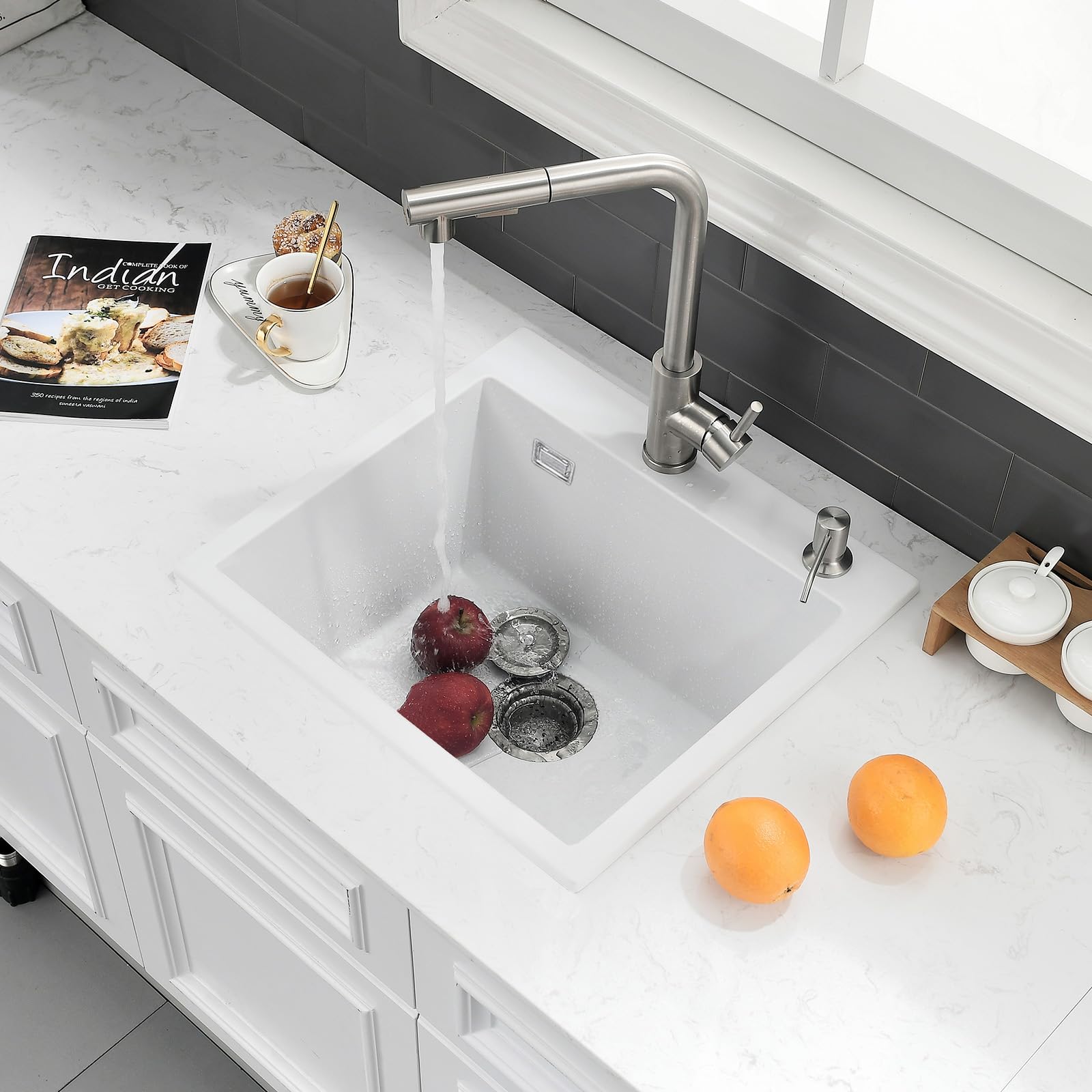 Lavello da Cucina Bianco 55 x 45cm, Lavello Cucina 1 vasca in Granito, Bokaiya Bianco Lavandino, lavandino da Esterno con Set di Drenaggio e 2 Fori di Preforato, Installazione a Sopratop o Filotop
