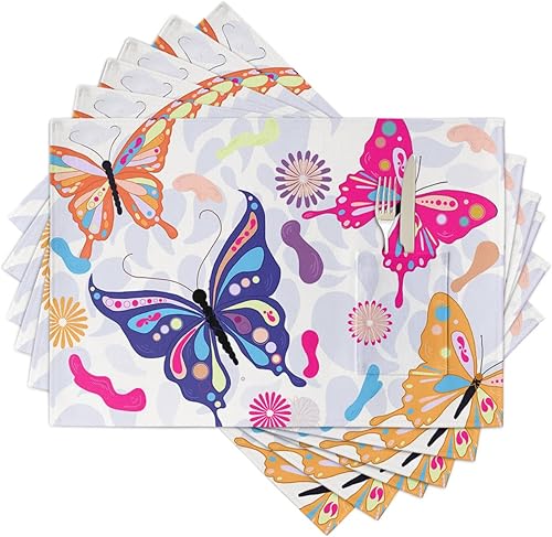 Boho Butter-Fly Table Placemats for Dining Table Set of 6,Cotton Linen Cloth Kitchen Place Mats with Pocket,Washable SquareRectangleRoundOblong