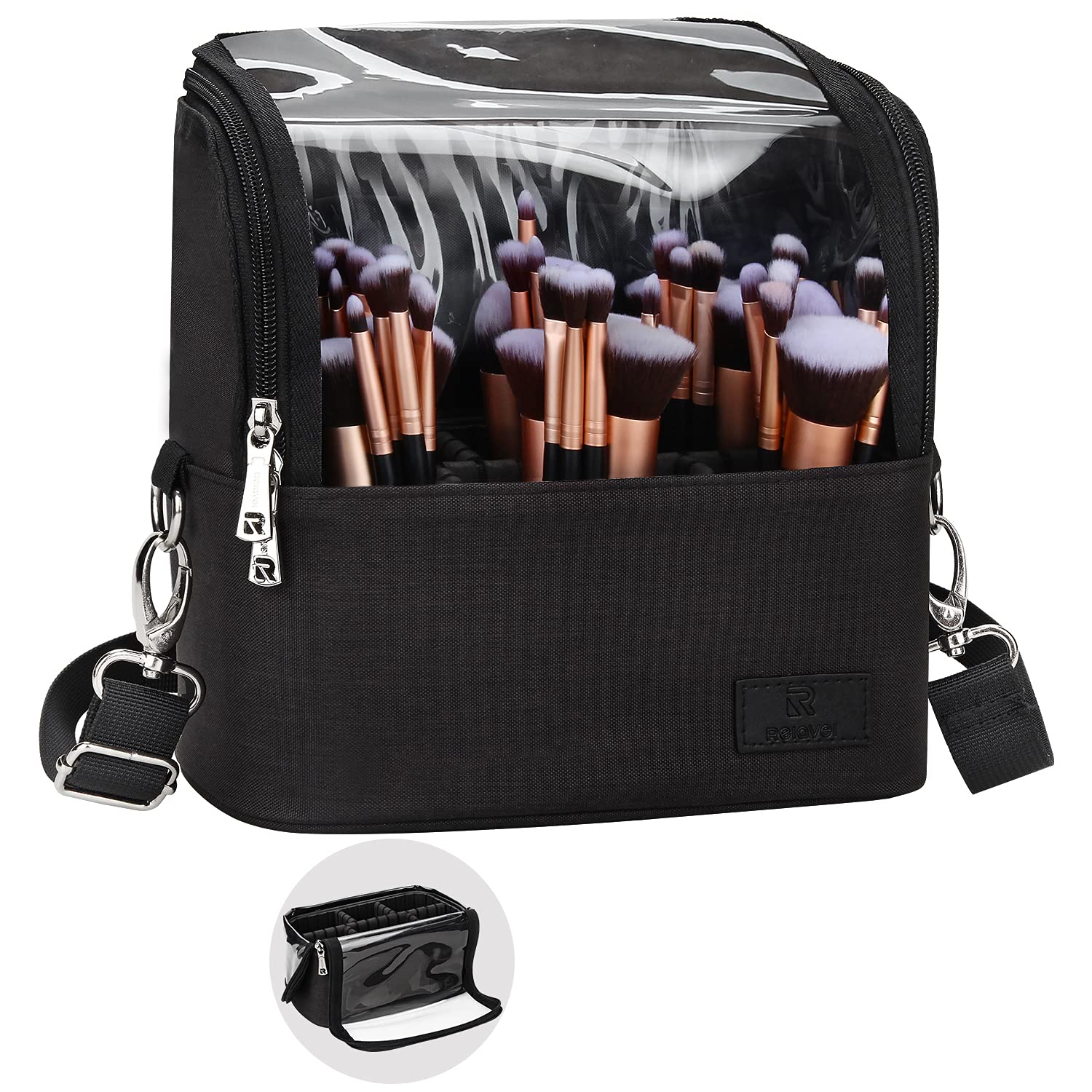 Makeup Brush Bag, Cosmetic Brush Holder Lady Travel Cosmetic Bag, Professional Makeup Artist Storage Case with Shoulder Strap and Adjustable Divider (Black) - Large - Black