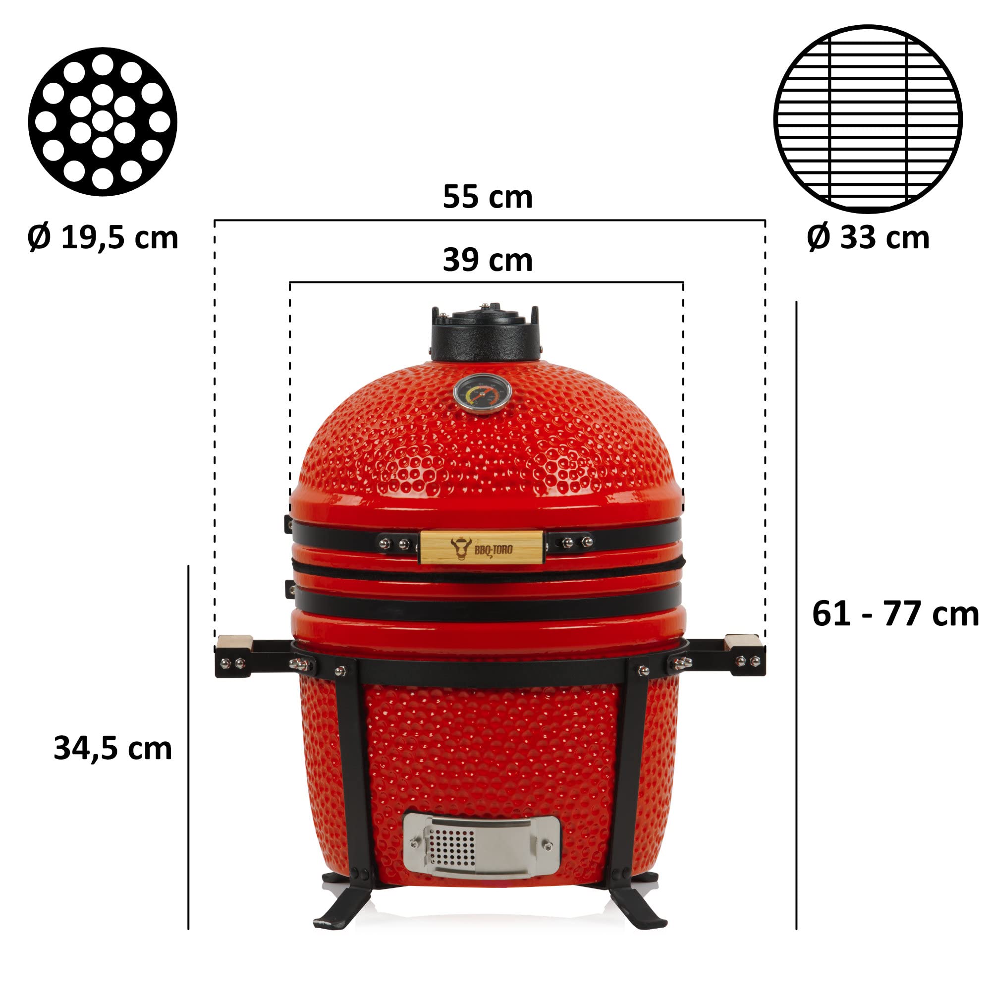 BBQ-Toro Kamado Grill Holzkohlegrill Shiro Ø 39 cm | Rot | Mini Holzkohlegrill mit Thermometer & Holzgriffen | Keramikgrill rund | Ceramic Grill Ei, Smoker, BBQ Grillofen, Kamado BBQ