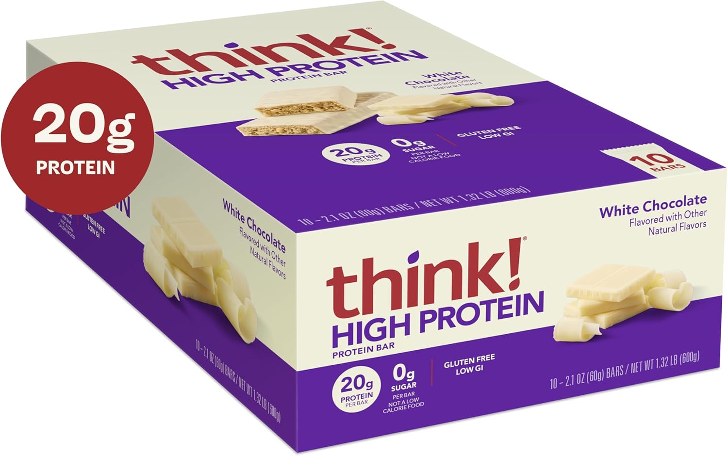 think! Protein Bars, High Protein Snacks, Gluten Free, Kosher Friendly, White Chocolate, Nutrition Bars, 2.1 Oz per Bar, 10 Count (Packaging May Vary)