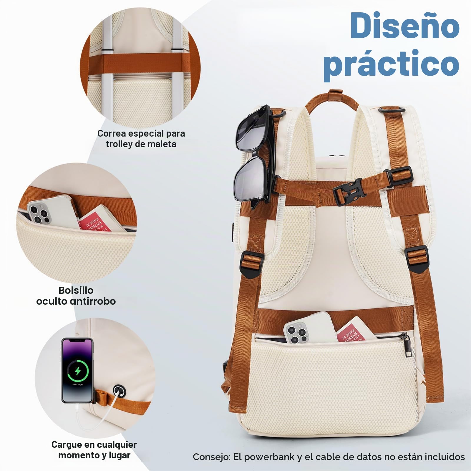 COOLIFE Maleta de cabina de 55 x 35 x 20 cm para Ryanair, equipaje de mano, maleta rígida con cerradura TSA y 4 ruedas gemelas, blanco y marrón., 55×35×20 -Set 2pzs