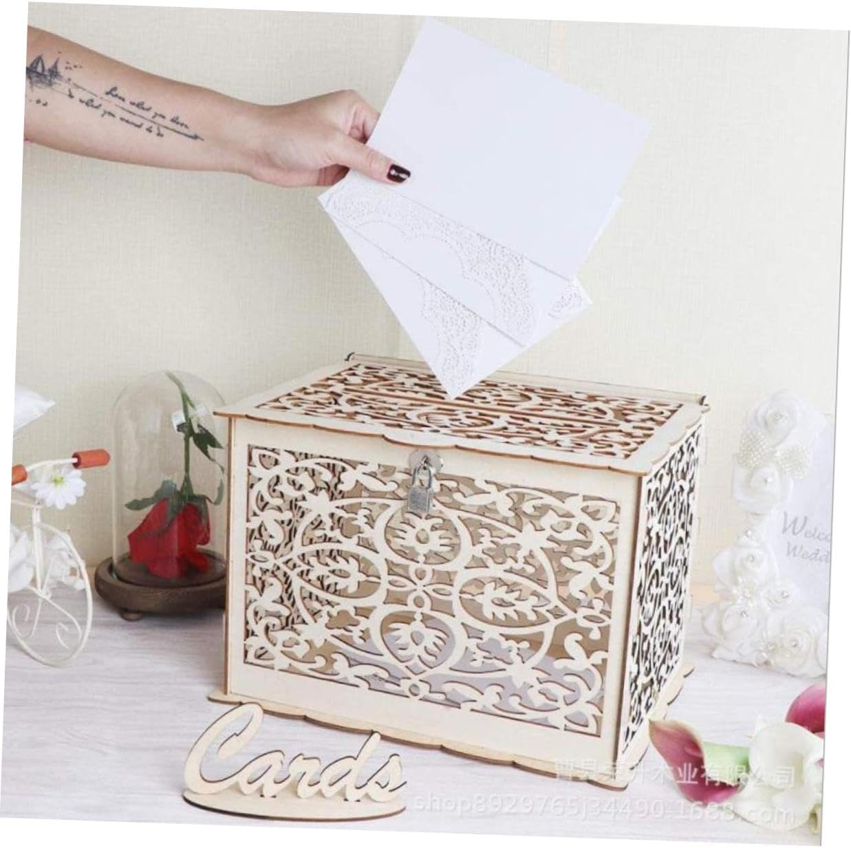 Cabilock Rustic Wood Wedding Cards Box Large Hollow Money Card Holder with Slot for Party and Reception Decoration