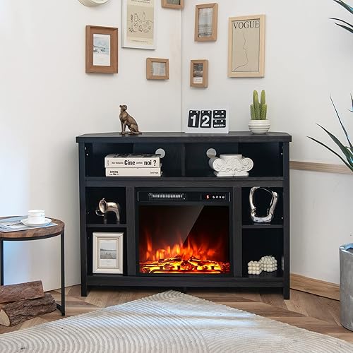 Miniatura 9 de Tangkula Soporte de TV esquinero para televisores de hasta 48 pulgadas con chimenea eléctrica, calentador de inserción con 5 brillo y control