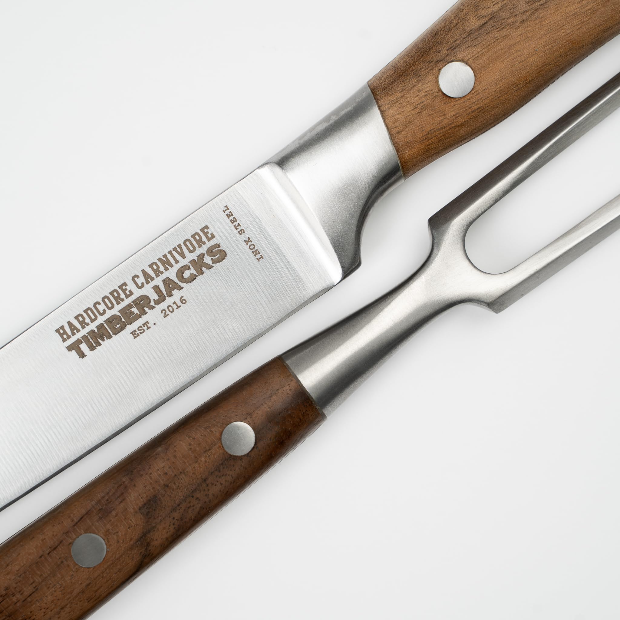 Timberjacks Carving Set, Tranchiermesser 36 cm und Fleischgabel 33 cm, Edelstahlklinge mit Walnussholzgriff, 2-teilig
