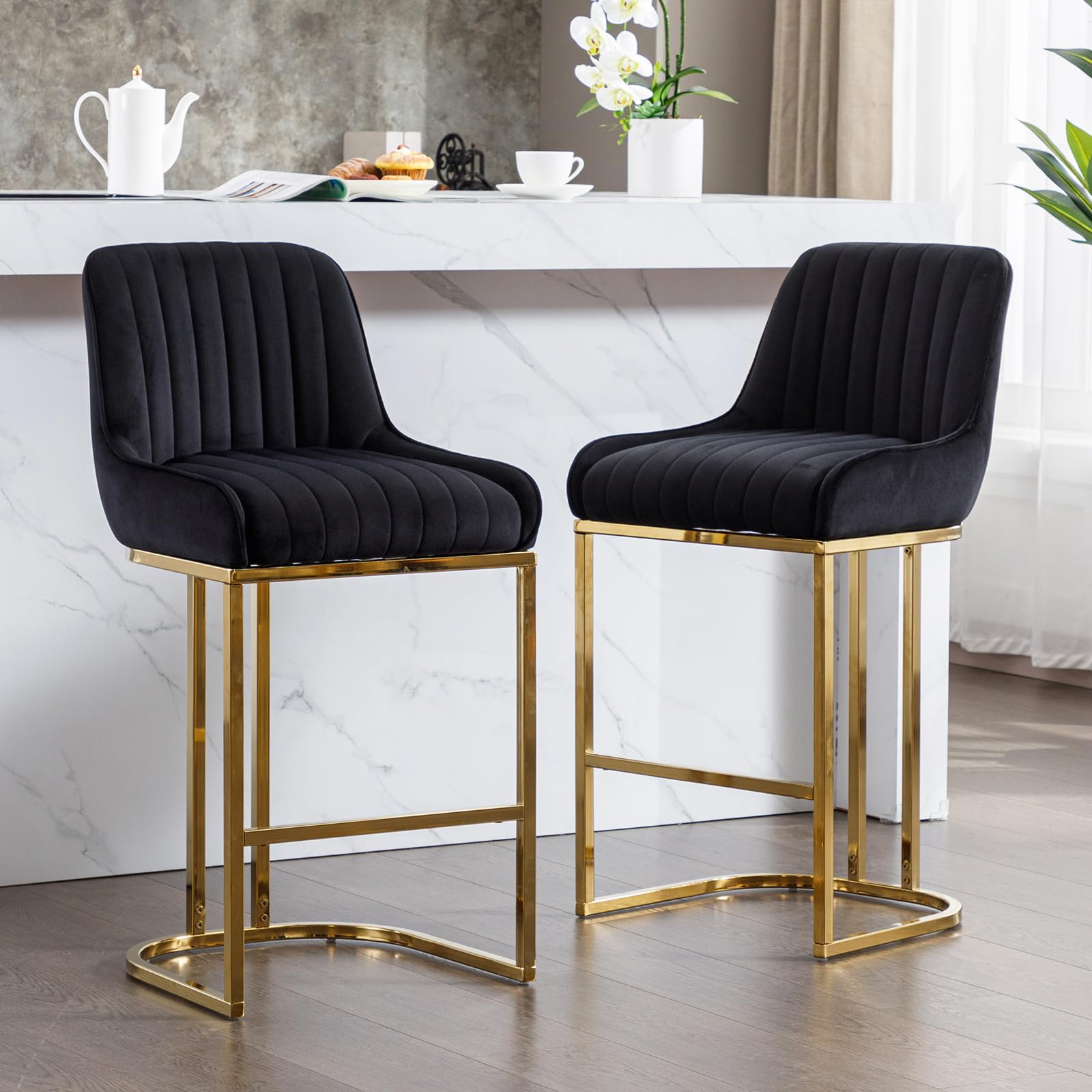 chairus Bar Stools Set of 2 Velvet Kitchen Breakfast High Bar Chairs with Backrest Counter Dining Stools with Metal Legs(Black-2)