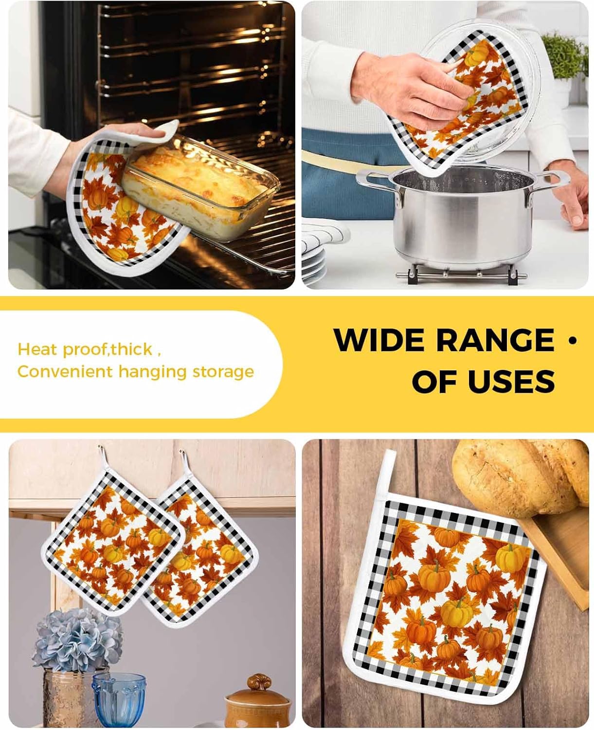Orange Pumpkin Fall Pot Holders 4 Pack, Thanksgiving Black White Plaid Hot Pads for Kitchen with Hanging Loop, Farmhouse Pot Holder Oven Hot Pad Washable Potholders for Cooking 8.25"x8.25"