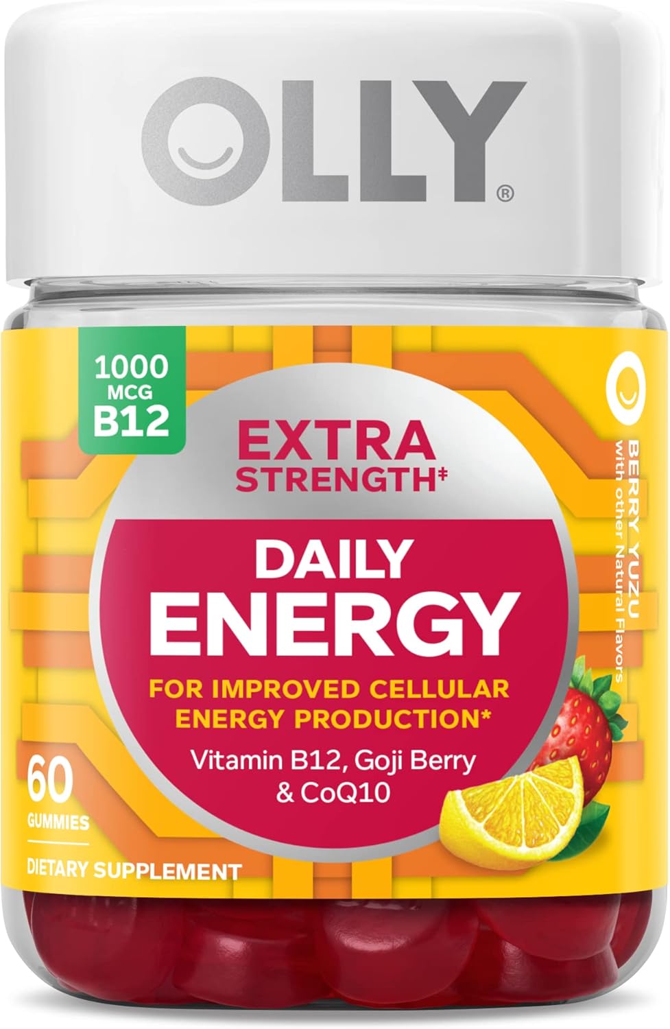OLLY Extra Strength Daily Energy Gummy, Caffeine Free, 1000mcg Vitamin B12, CoQ10, Goji Berry, Adult Chewable Supplement, Berry Yuzu Flavor – 60 Count OLLY Extra Strength Daily Energy Gummy, Caffeine Free, 1000mcg Vitamin B12, CoQ10, Goji Berry, Adult Chewable Supplement, Berry Yuzu Flavor – 60 Count