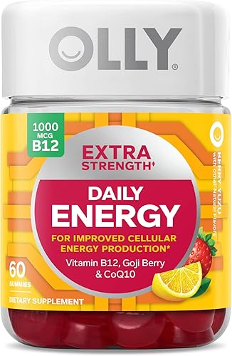 OLLY Extra Strength Daily Energy Gummy, sin cafeína, 1000 mcg de vitamina B12, CoQ10, bayas de Goji, suplemento masticable para adultos, sabor Berry