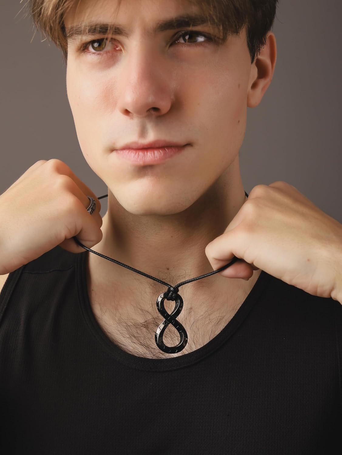 HAQUIL Viking Runes Necklace, Black Plated Stainless Steel Norse Runic Infinity Talisman Pendant, Faux Leather Cord, Viking Jewelry Gift - Image 6