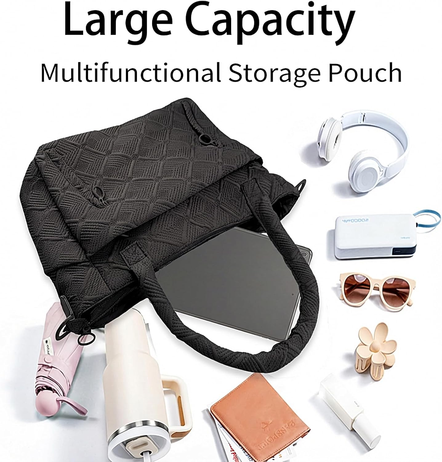 Puffer Tote Bag for Women, Puffy Totebag with Zipper/Cup Holder/Laptop Compartment/Luggage Sleeve