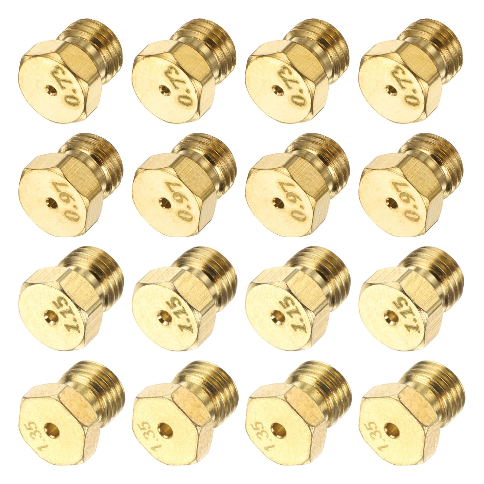 sourcing map 4Set Gas Propane Orifices Jet Nozzles, M6x0.75 mm Brass Gas Conversion Kit (0.73/0.97/1.15/1.35mm) Replacement Part for Range Stove Oven Propane LPG Pipe Water Heater Burner Parts