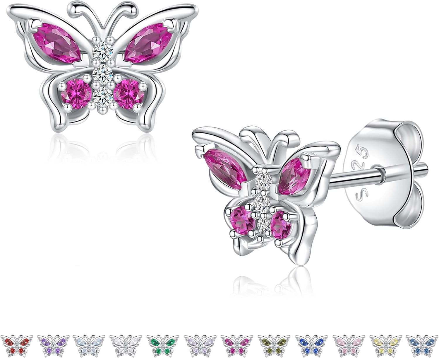 925 Sterling Silver Butterfly Earrings with Birthstone: Butterfly Stud Earrings Dainty Birthstones Studs Screw Back for Teens Loved Ones Birthday Mother's Day Christmas Jewelry Gifts