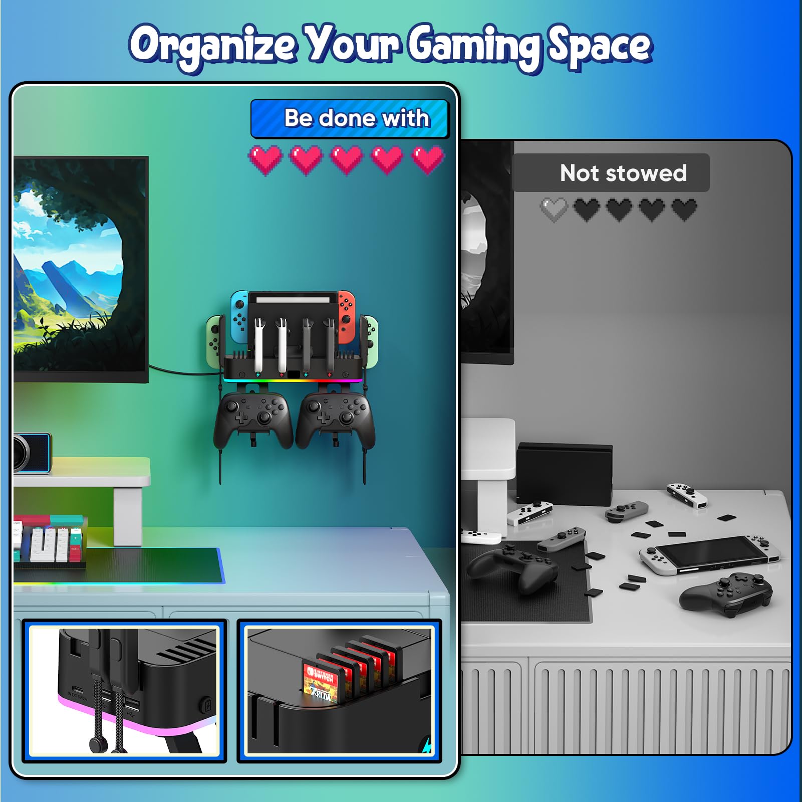 Klipdasse Soporte de pared RGB para cargador Joy-con, organizador de interruptores para Nintendo/OLED con soporte, base de carga para Joycon con 15 modos de luz, 4 cargadores, 2 puertos USB, 10