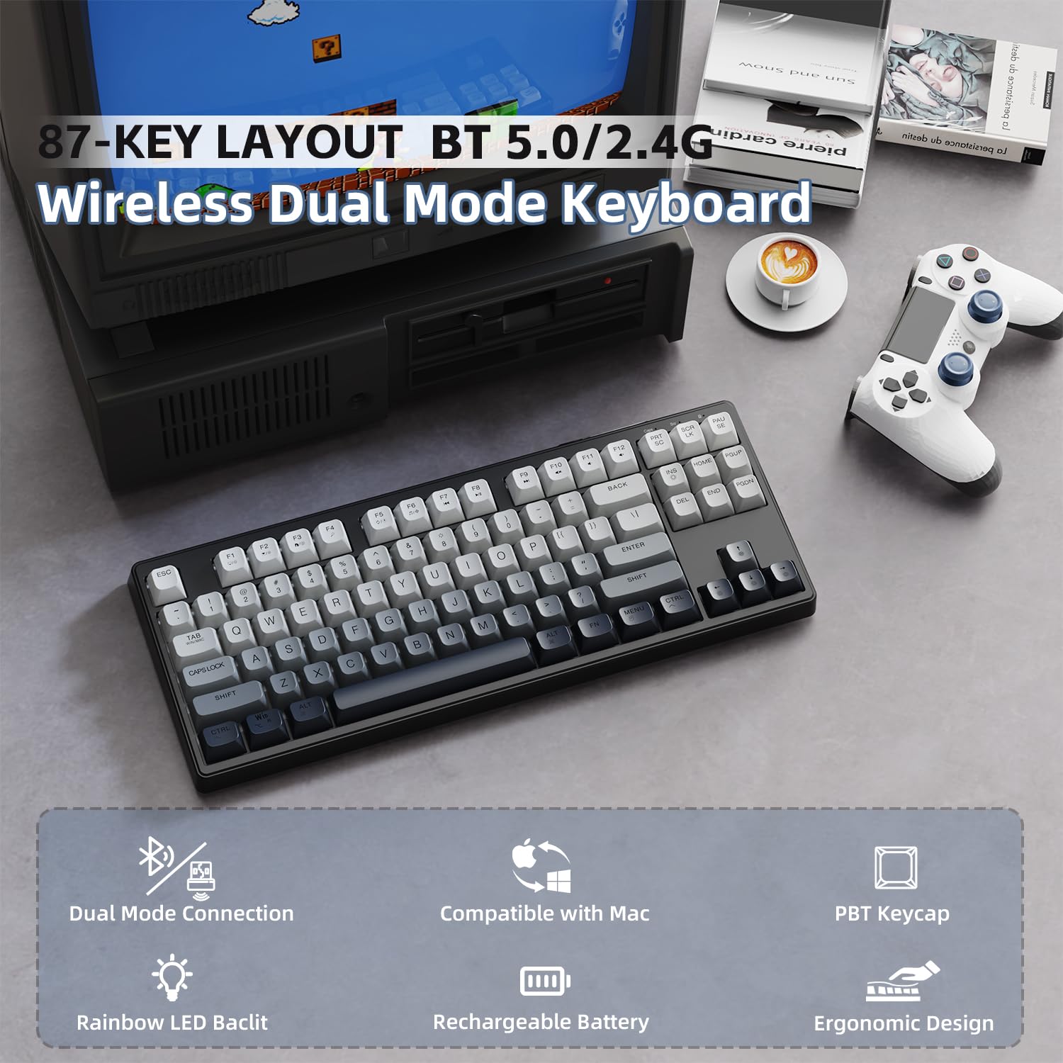 Tastiera Wireless TKL - Bluetooth/2.4GHz - Retroilluminata Arcobaleno - Batteria 4000mAh - Glimmer