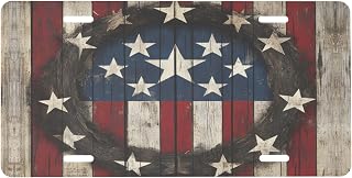 Wood American Flag Front License Plate for Women Men Funny Car License Plates with 4 Holes Aluminum Metal Novelty Vanity Tag Cover Rust-Proof Us Canada Car Decor Accessory 6 * 12 Inches