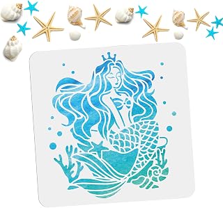 MAYJOYDIY Mermaid Stencil 11.8×11.8 Inch Sea Creature Stencils Reusable Ocean Coral Starfish Painting Stencils Tropical Mermaid Theme Crafts and Decor Paint Wall Wood Fabric Furniture