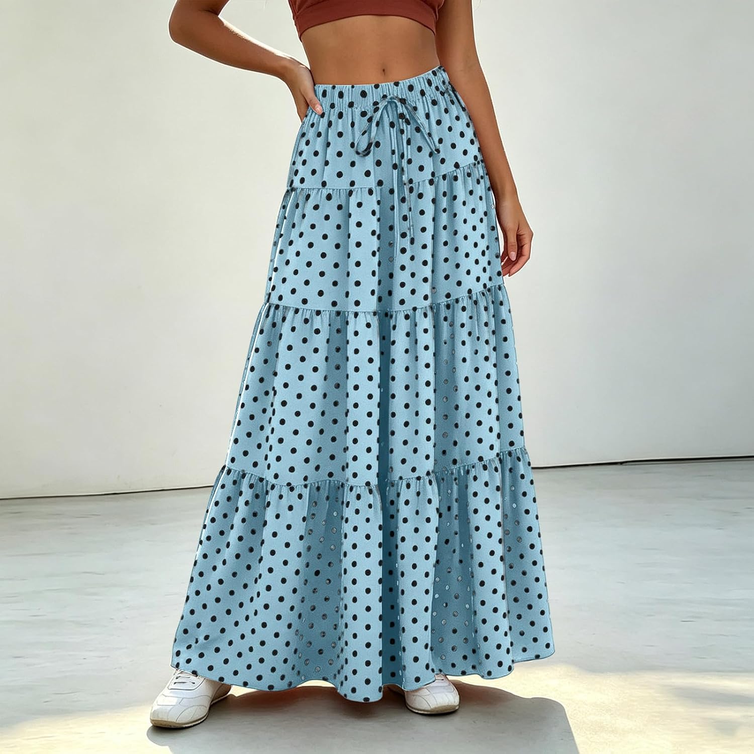 Women's Polka Dot Flowy Maxi Skirt A-Line Long Skirt with Pockets | Casual Long Skirts for Women Boho Swing A Line High Waisted Tiered Flowy Maxi Skirt Polka Dot Beach Skirts with Pockets