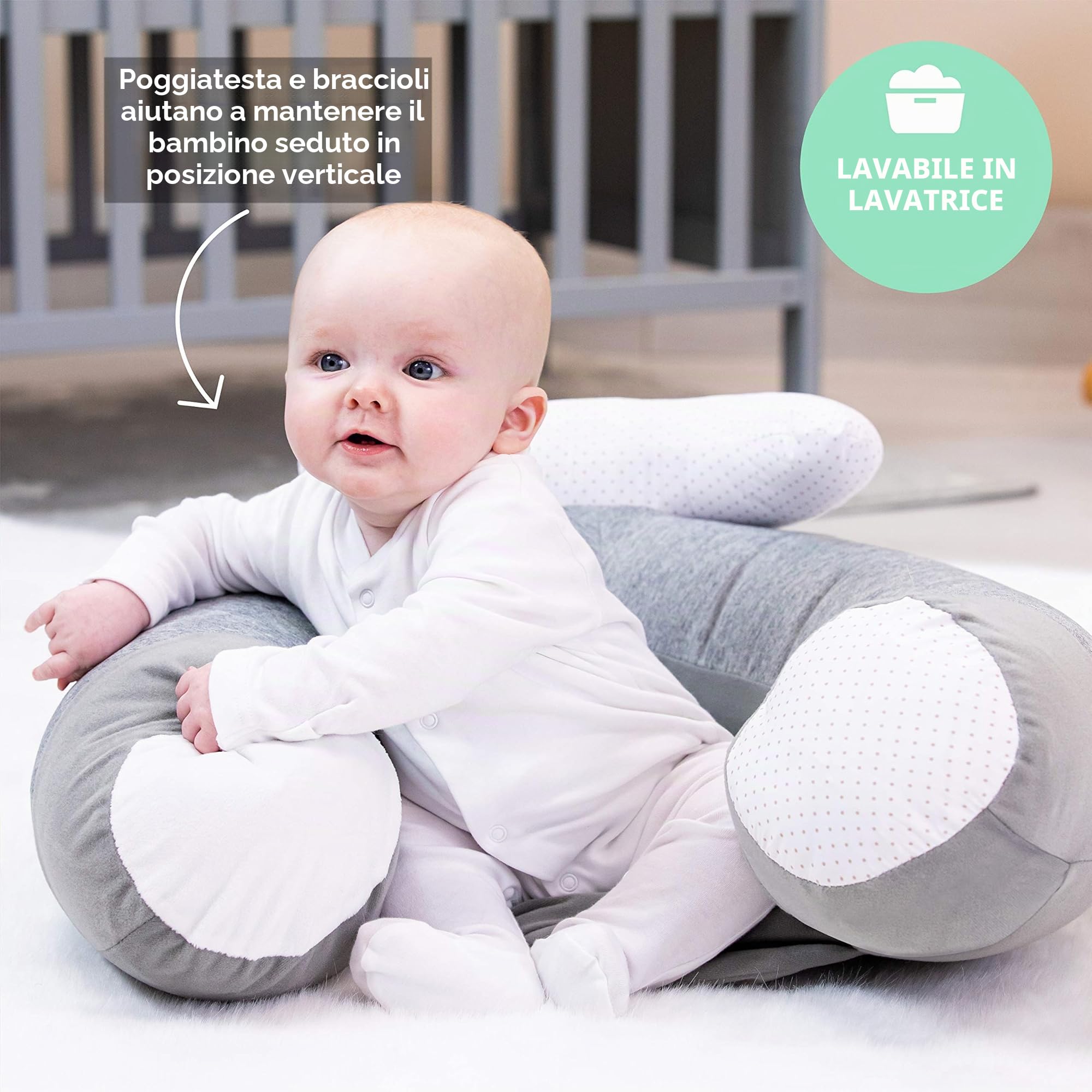 Nuby - Little Penguin Seggiolino educativo Sit-me-Up - Seggiolino gonfiabile con giocattoli e vassoio - Morbido tessuto - Grigio - 6+ mesi