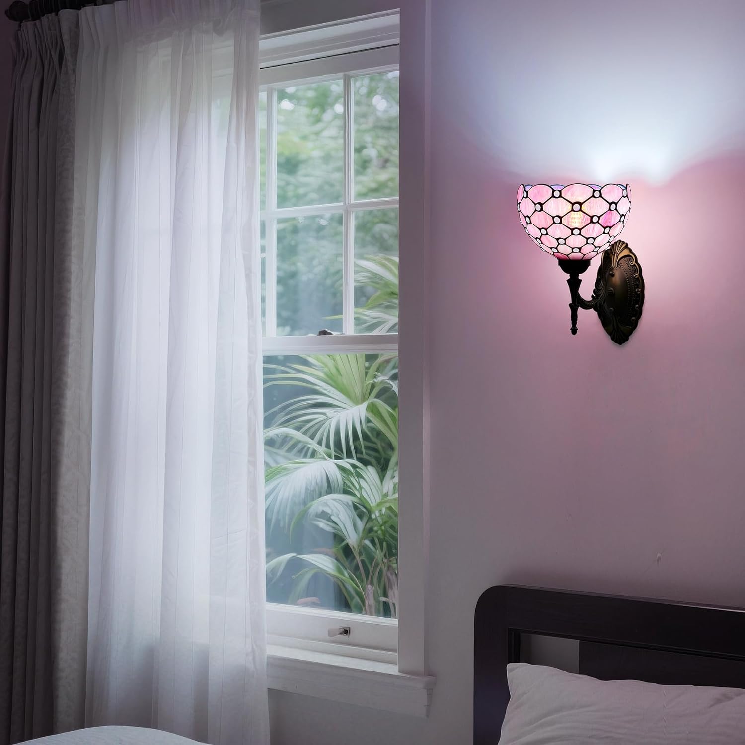 Tiffany Wall Sconce Hand-Weld Stained Glass Bedside Lamp with Classic 8 Inches Lampshade for Bedroom Hallway Living Room Home Office (Pink)