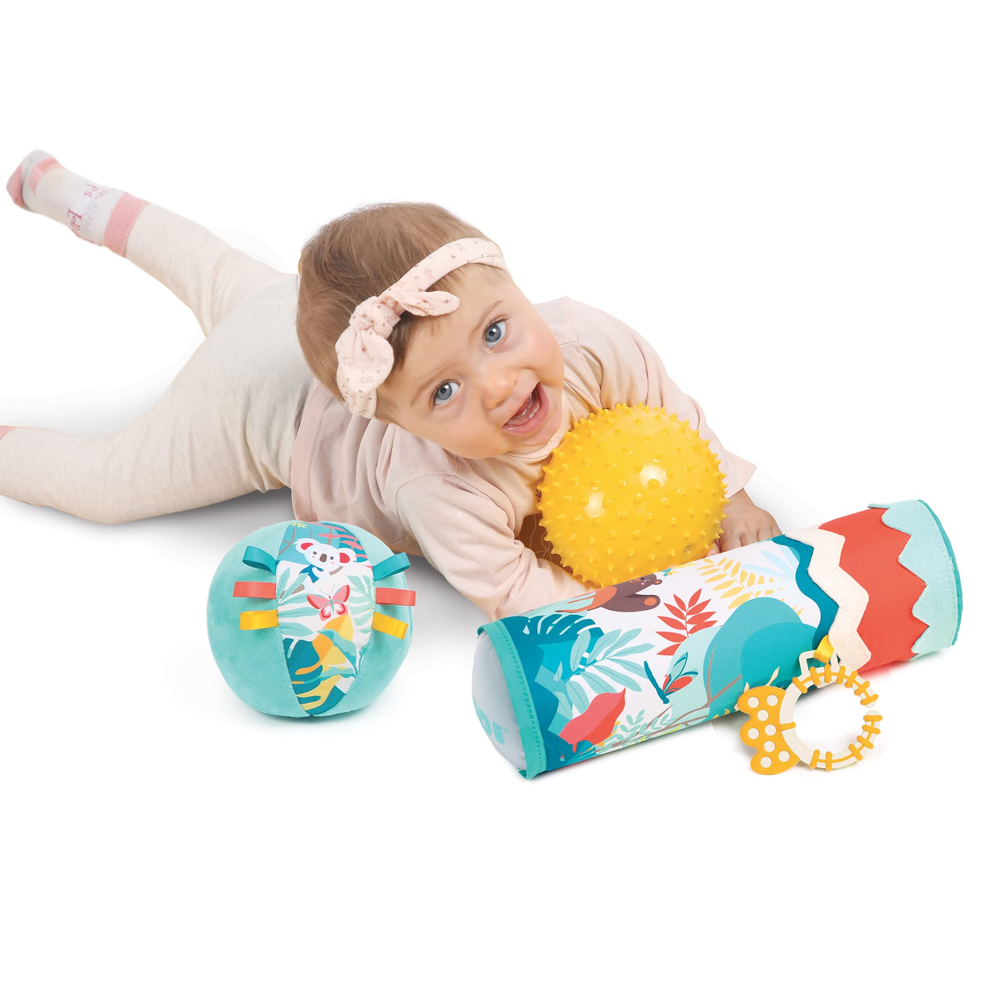Ludi - Baby Awakening Set - 1 Inflatable Tube and 2 Sensory Balls - From 6 Months, Yellow, Water Green, Red, Blue - Image 3